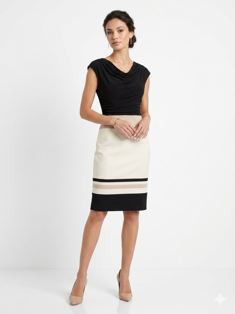 Sandra Darren Colorblock Sheath Dress Size 6 Draped Career Cocktail